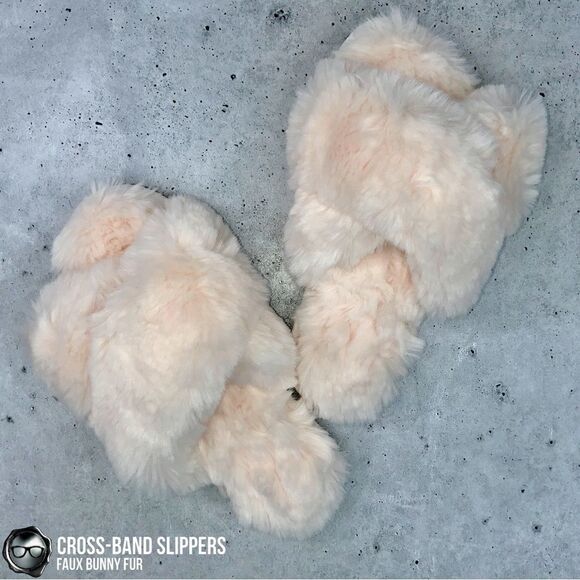 FUZZY FAUX BUNNY FUR CROSS BAND SLIPPERS IN IVORY NON-SLIP SIZE SMALL 5.5 - 6.5 - Picture 3 of 15